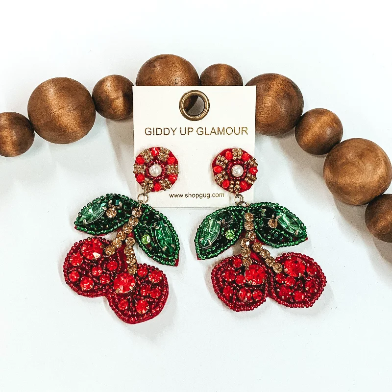 Best hoop earrings with floral designs for a feminine and delicate look-Cherry Cute Beaded Earrings in Red and Green