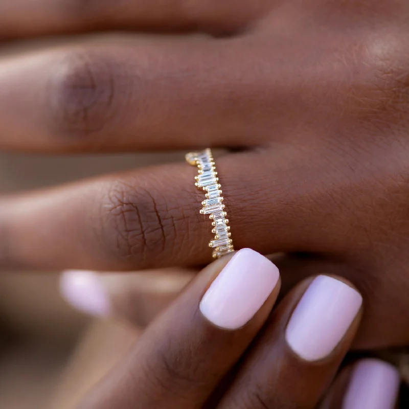 Engagement rings with cathedral-set ruby stones -Cityscape Eternity Ring with Needle Baguette Diamonds