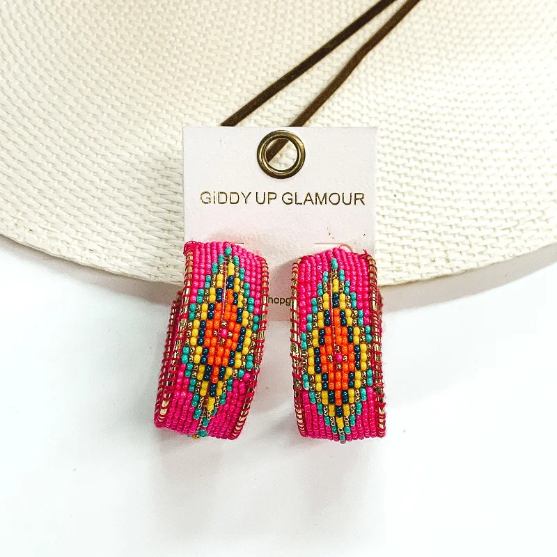 Best hoop earrings with hammered gold for a rustic yet elegant look-Aztec Pattern Beaded Hoop Earrings in Hot Pink