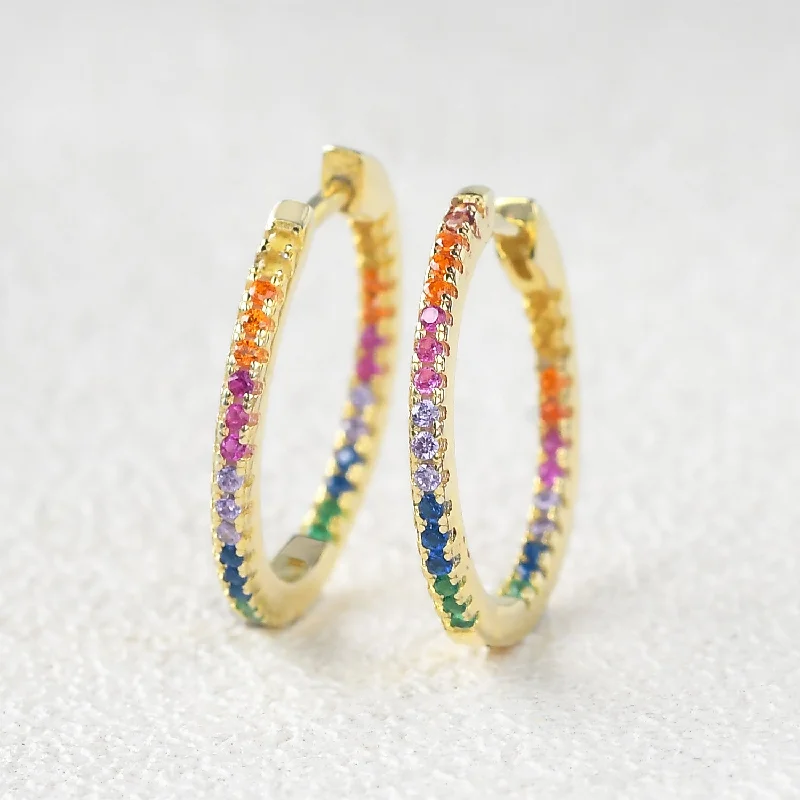 Hoop earrings with artistic filigree designs for an intricate, delicate finish-Pave Rainbow Daily Hoops Silver Earrings - Medium