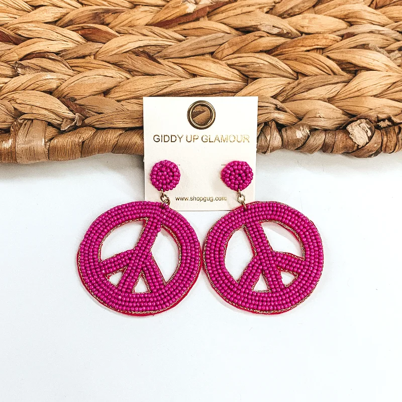 Hoop earrings with textured gold for a refined and sophisticated aesthetic-Seed Beaded Peace Sign Earrings in Fuchsia Pink