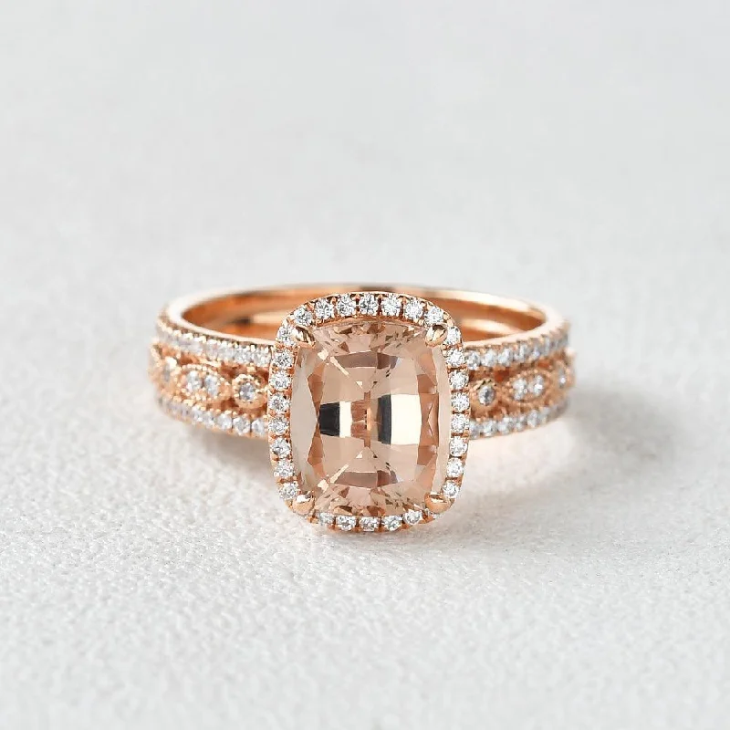 Platinum engagement rings featuring bold turquoise gems -4.0ct Cushion Cut Morganite Vintage Inspired Rose Gold Ring