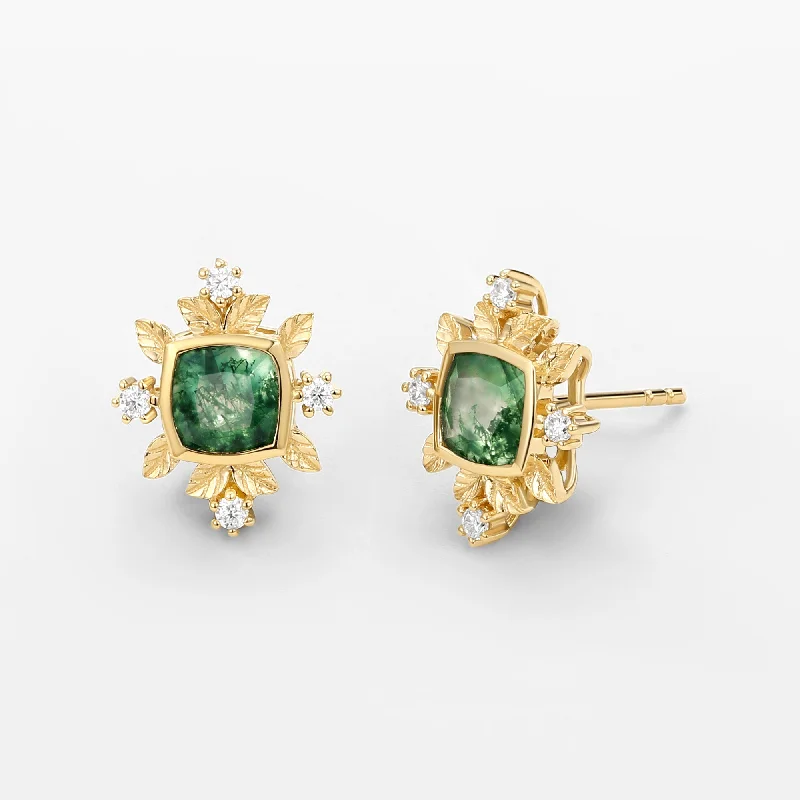 Best hoop earrings with gemstone accents for a colorful and elegant appearance-Cushion Cut Moss Agate & Moissanite Leafy Studs Set 2pcs