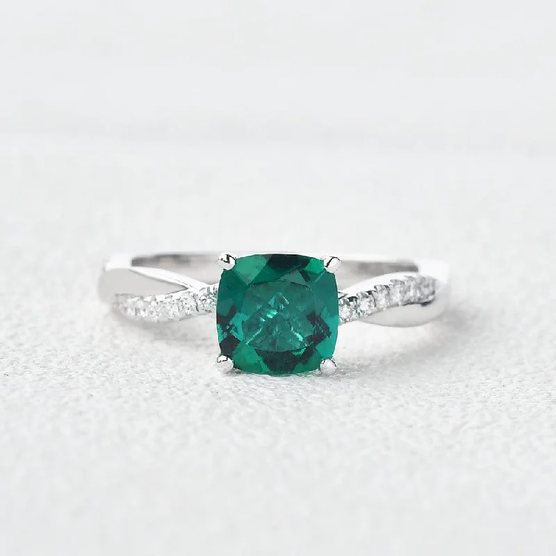 Engagement rings with sleek emerald-cut jade stones -2.0ct Cushion Cut Emerald Classic Solitaire Twist Ring