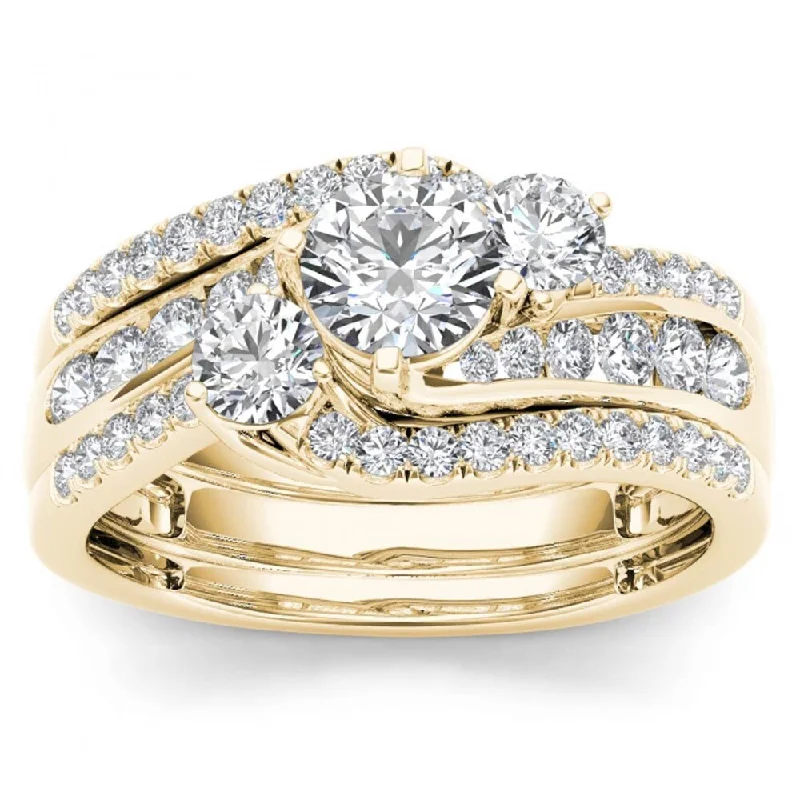 Engagement rings with yellow gold floral halos -De Couer 14k Yellow Gold 1 1/4ct TDW Diamond Bypass Bridal Ring Set