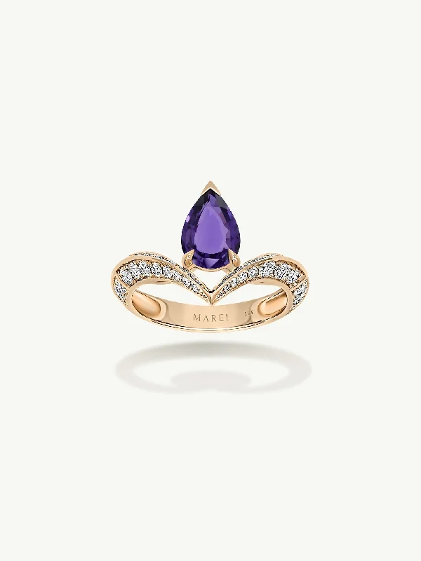 Engagement rings with halo of tiny rubies -Dorian Floating Teardrop-Shaped Ultra Violet Purple Sapphire Engagement Ring In 18K Yellow Gold