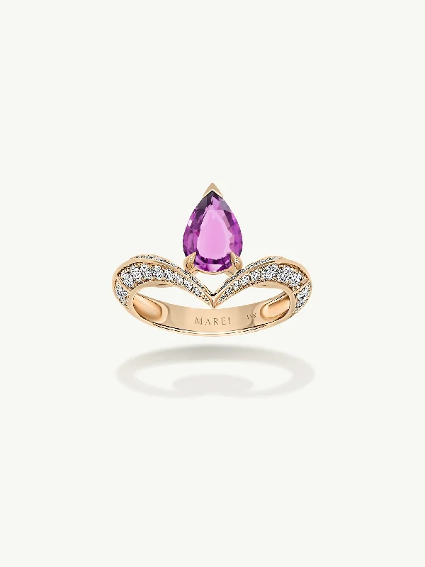 Engagement rings with bezel-set smoky quartz -Dorian Floating Teardrop-Shaped Vivid Pink Sapphire Engagement Ring In 18K Yellow Gold