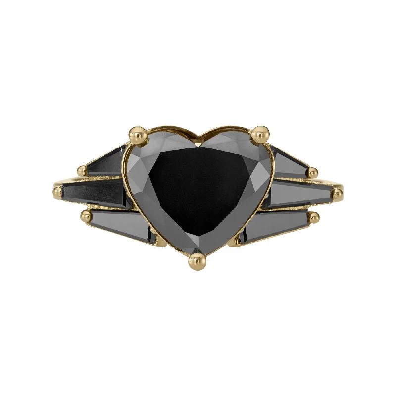 Engagement rings with vintage oxidized gold finish -Black Diamond Winged Heart Engagement Ring