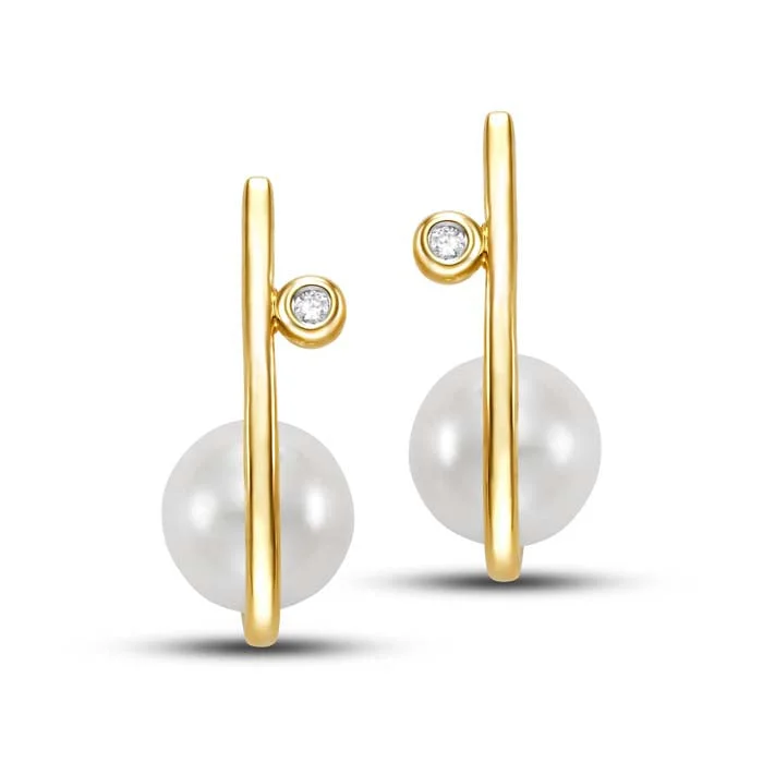 Best hoop earrings with vintage coins for a retro, antique-inspired style-Mastoloni 8-8.5mm Freshwater Cultured Pearl J-Hoop Earring with Diamond Accent in 14K Yellow Gold