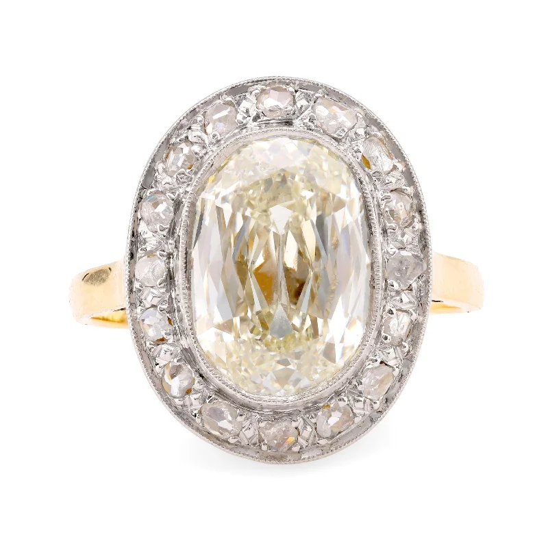 Engagement rings with sleek labradorite for glow -Edwardian GIA 5.02 Carat Cushion Diamond 18K Yellow Gold Cluster Ring