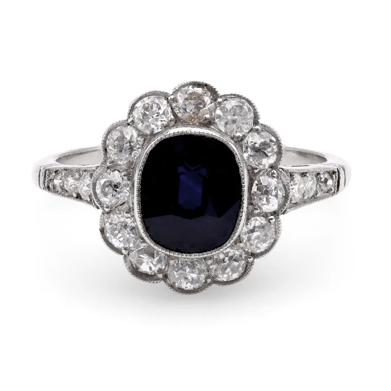 Engagement rings with gothic-inspired garnet details -Edwardian Inspired 2.06 Carat Cushion Cut Sapphire Diamond Platinum Cluster Ring