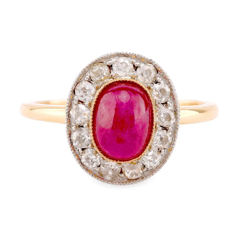 Engagement rings with bold rose-cut garnet stones -Edwardian Style Ruby Diamond 18K Yellow Gold Cluster Ring