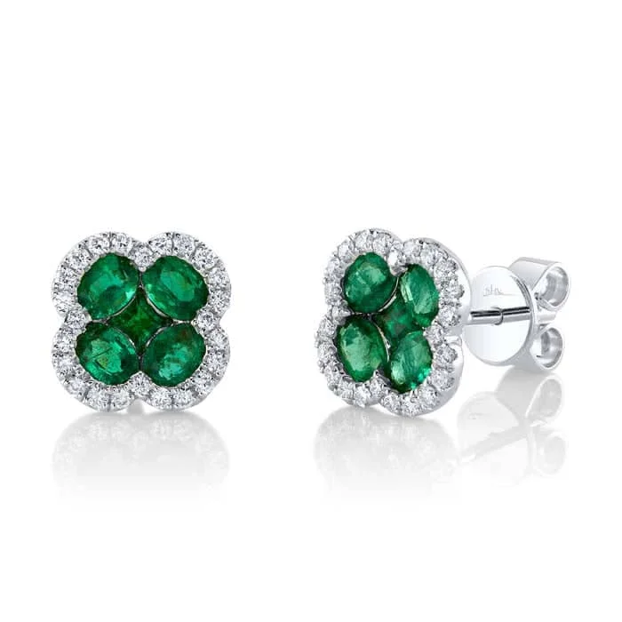 Best hoop earrings with enamel details for a colorful and modern look-Shy Creation Emerald and Diamond Clover Earrings in 14K White Gold