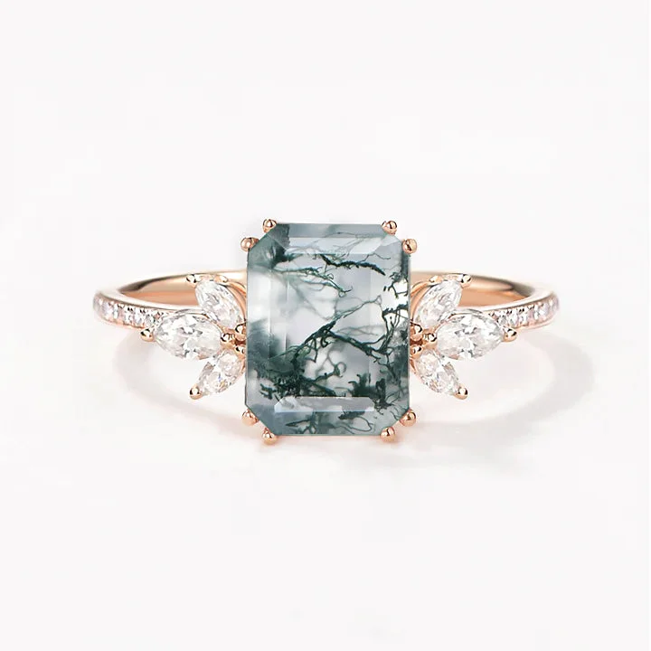 Engagement rings with carved moonstone band patterns -Emerald Cut Moss Agate & Moissanite Gold Cluster Engagement Ring