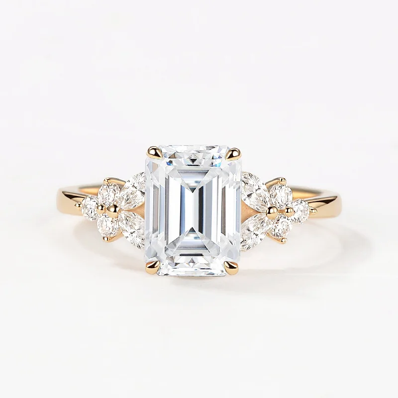 Engagement rings with bold citrine for vibrancy -Emerald Cut Moissanite Floral Engagement Ring