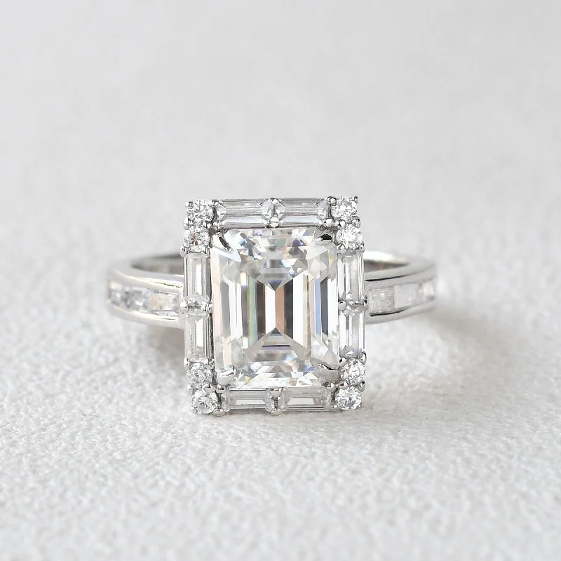 Engagement rings with halo of vibrant citrine -Emerald Cut Moissanite Vintage Engagement Ring