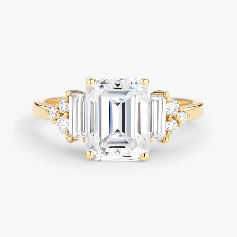 Custom engagement rings with engraved floral bands -Emerald Cut Moissanite Vintage Three-stone Engagement Ring