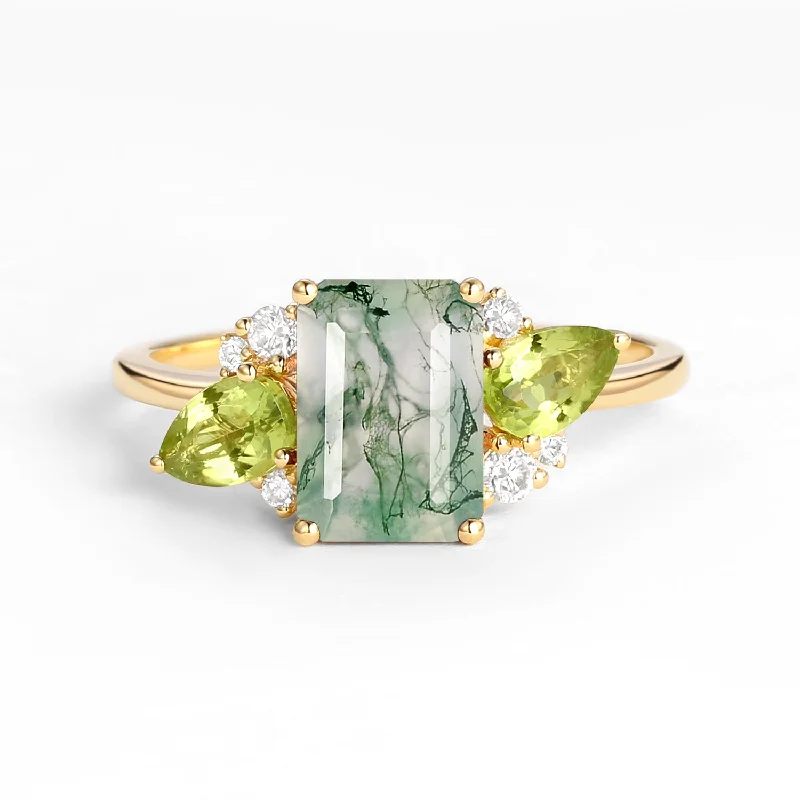 Engagement rings with asymmetrical halo of jade -Emerald Cut Moss Agate Double Pear Peridot Engagement Ring