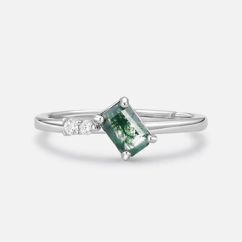 Engagement rings with floral-inspired sapphire bands -Emerald Cut Moss Agate & Moissanite Engagement Ring