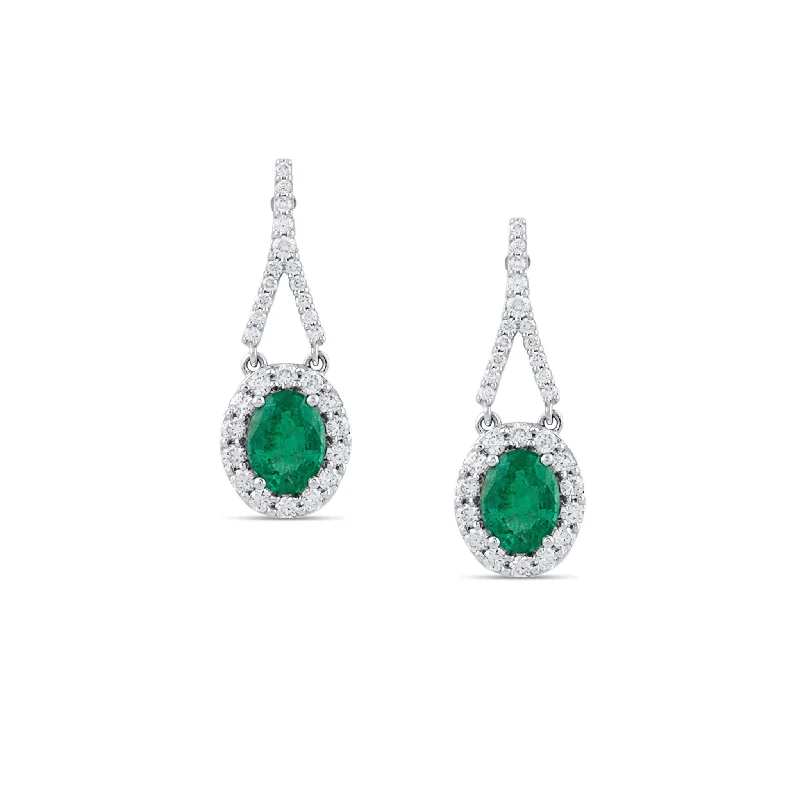 Hoop earrings with rhinestone embellishments for a glamorous and sparkling look-Emerald Oval & Diamond Earring In 18K White Gold