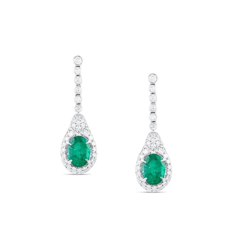 Best hoop earrings with lever-back closures for secure and easy wear-Emerald Oval & Diamond Earring In 18K White Gold