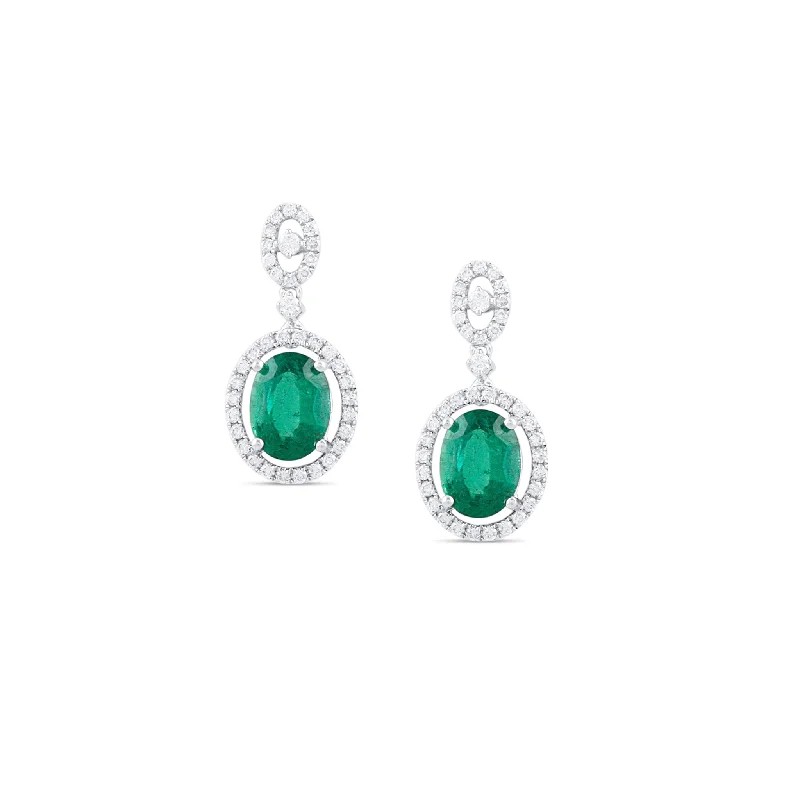 Hoop earrings with resin accents for a bold and colorful design-Emerald Oval & Diamond Earring In 18K White Gold