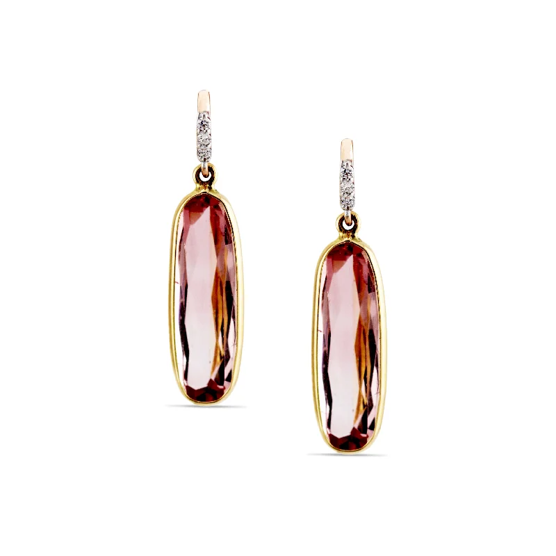 Best hoop earrings with sterling silver for an affordable and chic design-Pink Tourmaline Rectangle & Diamond Earring In 18K Yellow Gold