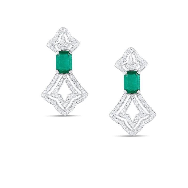 Hoop earrings with leather accents for a sleek and bold combination-Emerald Rect. & Diamond Earring In 18K White Gold