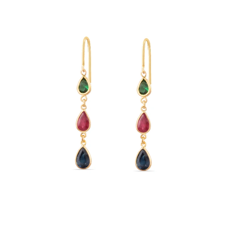 Hoop earrings with rhinestone embellishments for a glamorous and sparkling look-Emerald, Ruby & Blue Sapphire Pear Shape Earring In 18K Yellow Gold