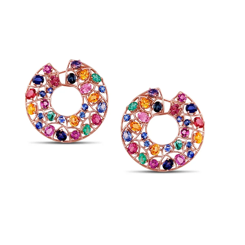 Hoop earrings with abstract shapes for an artistic and creative touch-Emerald, Ruby & Sapphire By Pass Hoop Earring In 18K Yellow Gold