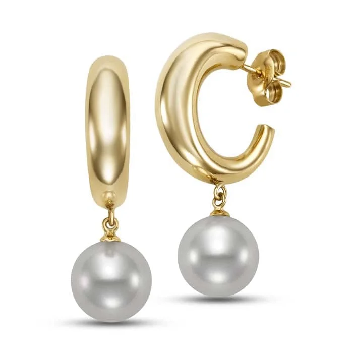 Best hoop earrings with snake chain details for a sleek and modern touch-Mastoloni 10-10.5mm Pearl Tapered Crescent Hoop Earrings in 14K Yellow Gold