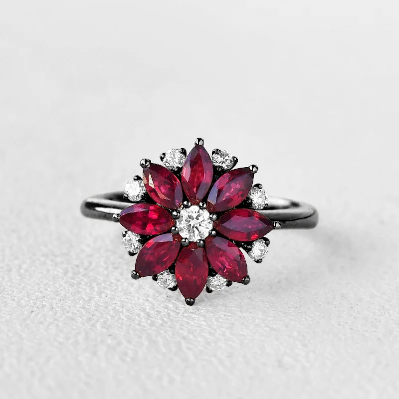 Engagement rings with double halo of opal -Floral Inspired - Black Gold Natural Ruby Ring