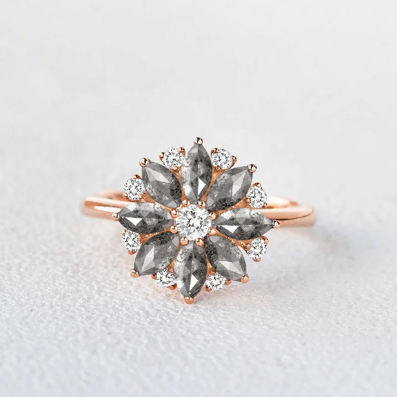 Engagement rings with radiant aquamarine center stones -Floral Inspired - Salt and Pepper Diamond Gold Ring