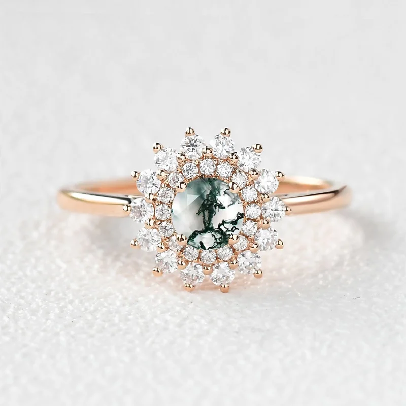 Engagement rings with art deco emerald settings -Flower Round Cut Moss Agate Rose Gold Ring