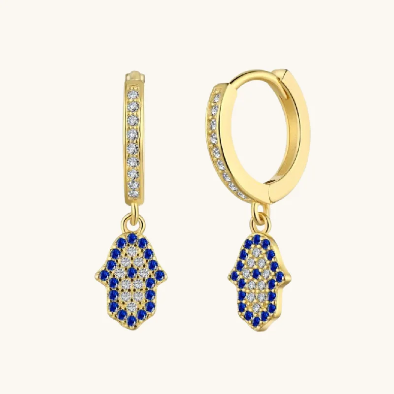 Hoop earrings with faceted crystals for added sparkle and shine-Gold Dangling Hamsa Mini Hoops