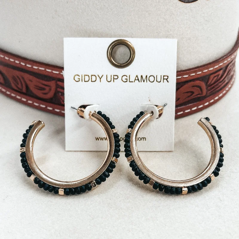 Best hoop earrings with rose gold for a romantic and warm aesthetic-Gold Hoops with Wood Beads and Gold Spacers in Black