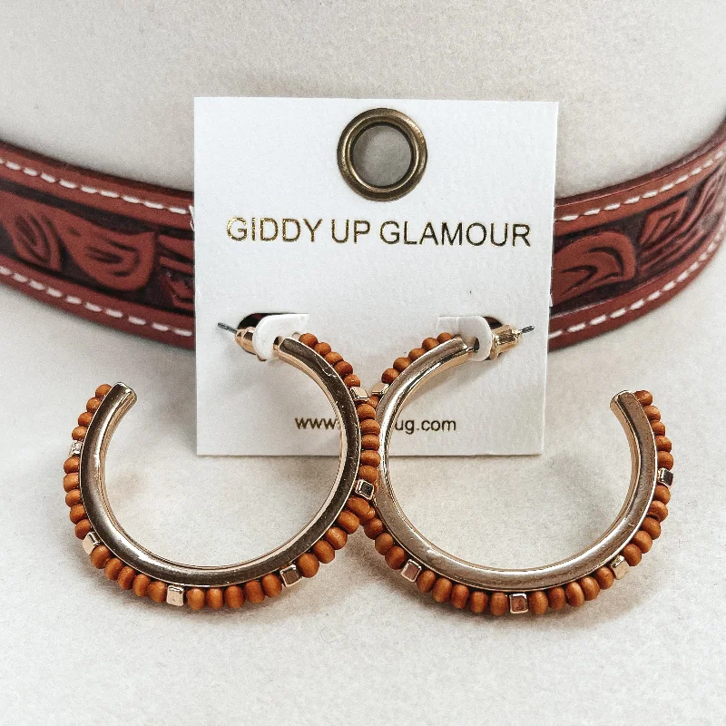 Best hoop earrings with enamel details for a colorful and modern look-Gold Hoops with Wood Beads and Gold Spacers in Brown