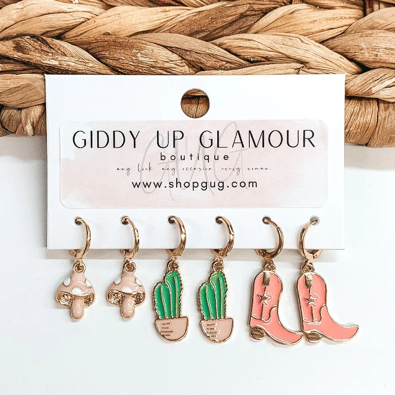 Best hoop earrings with geometric triangle shapes for a modern, chic design-Gold Tone Hoop Huggie Earring Set with Retro Western Charms