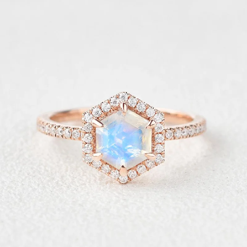 Engagement rings with marquise-cut topaz for shine -Hexagon Moonstone & Moissantie Halo Ring