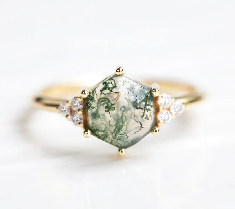 Silver engagement rings with affordable peridot gems -Klara Hexagon Moss Agate Ring With Diamonds