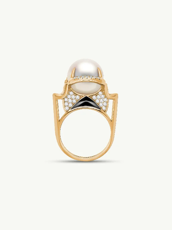 Engagement rings with gothic-inspired garnet details -Isis Goddess Ring With White South Sea Pearl & Pavé-Set Brilliant White Diamonds In 18K Yellow Gold