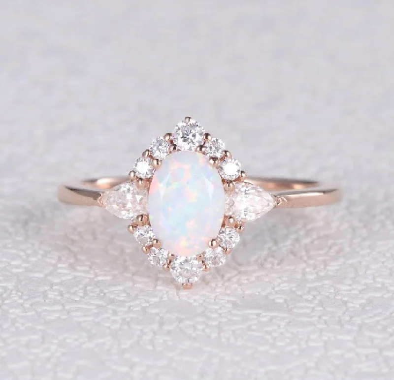 Engagement rings with vibrant tourmaline for color -Lab Opal & Moissanite 14K Gold Ring