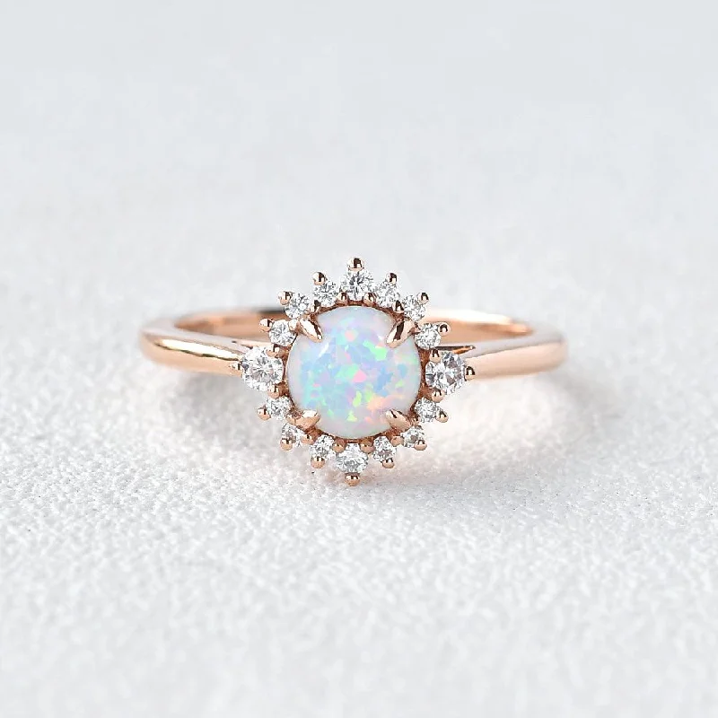 Engagement rings with engraved initials inside bands -Lab Opal & Moissanite Rose Gold Ring