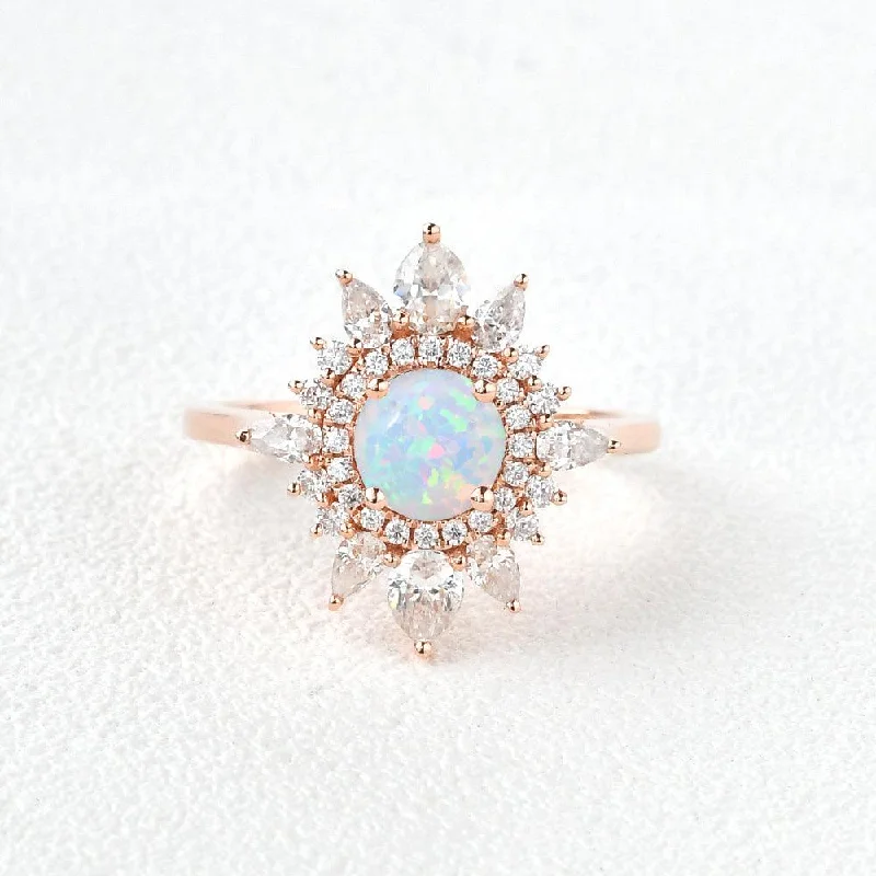 Engagement rings with pearl accents for elegance -Lab Opal & Moissanite Halo Rose Gold Ring