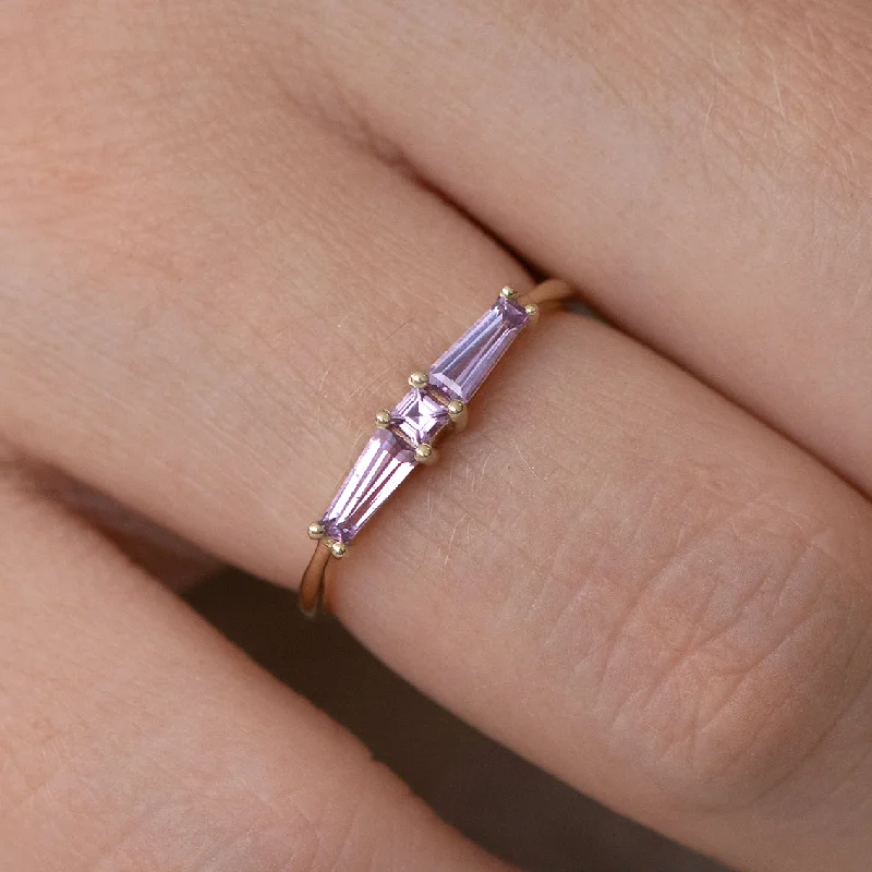 Engagement rings with halo of tiny rubies -Lilac needle baguette ring