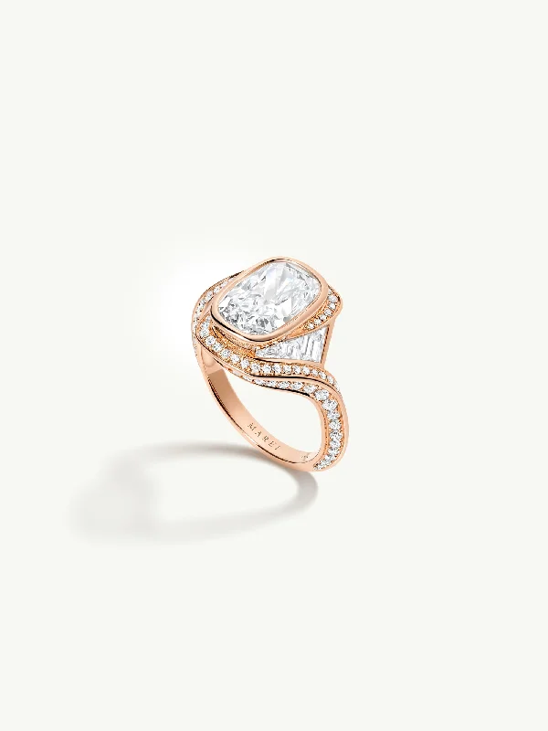 Engagement rings with matte finish rose gold -Maat Engagement Ring With Brilliant Cushion-Cut Diamond, Baguettes & Pavé-Set White Diamonds in 18K Rose Gold