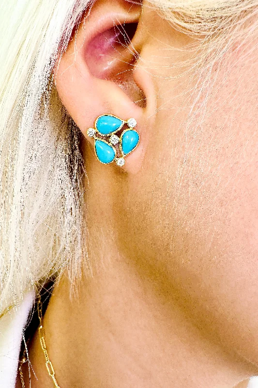 Hoop earrings with dangling charms for a playful and fun look-Turquoise Pear shape & Diamond Earring In 18K Yellow Gold