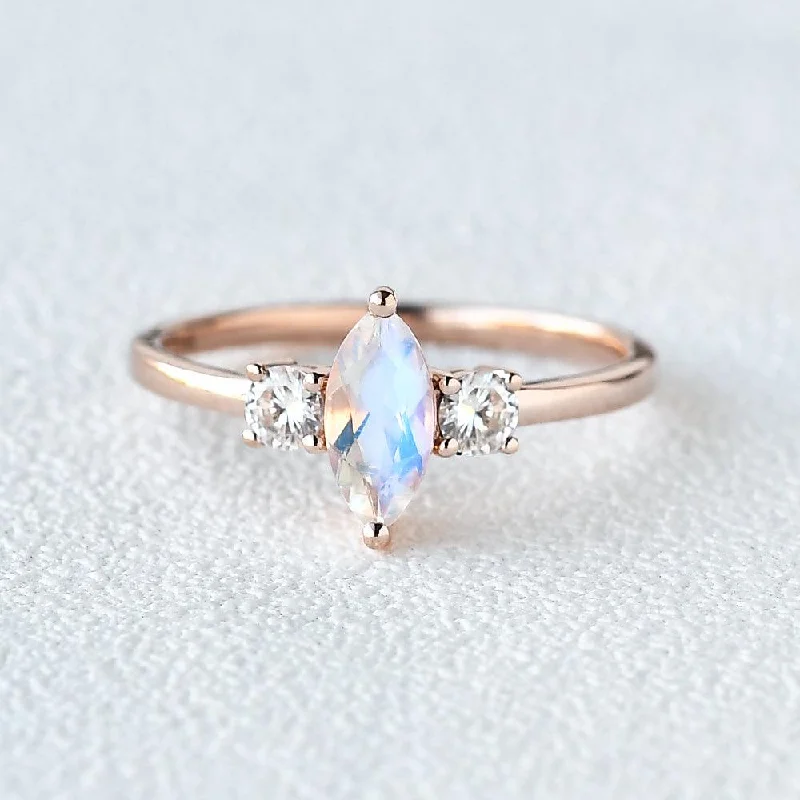 Engagement rings with matte finish rose gold -Marquise Moonstone Classic Three-stone Ring