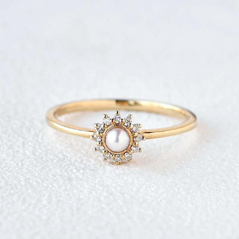 Engagement rings with carved turquoise for boho -Mini Natural Pearl Yellow Gold Ring