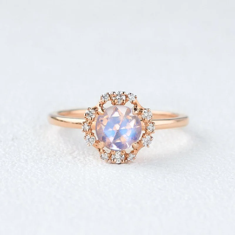 Engagement rings with star sapphire for glow -Moonstone & Moissanite Rose Gold Ring